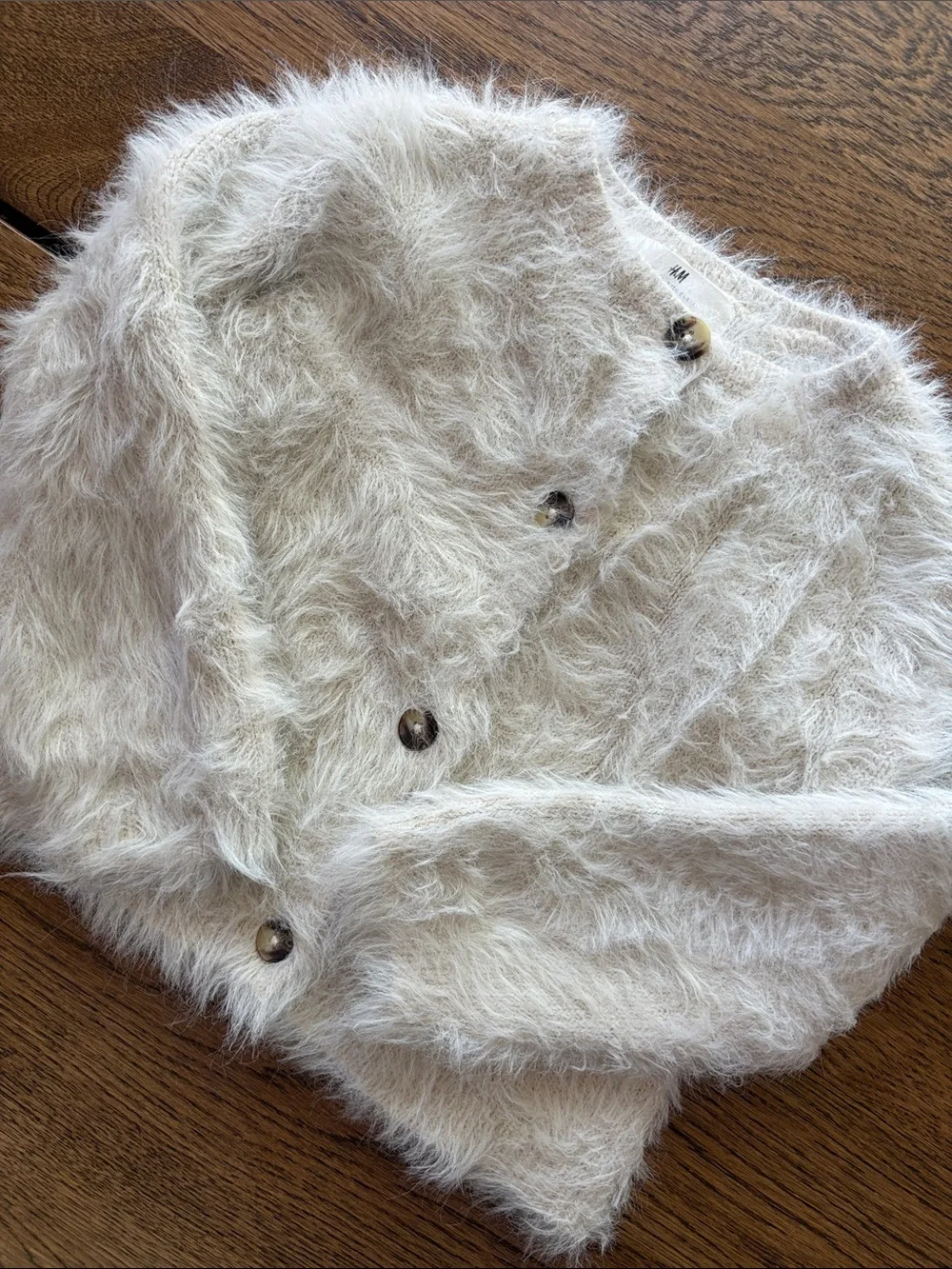 H&M Fuzzy Wool Blend Knit Button DownCardigan in Cream